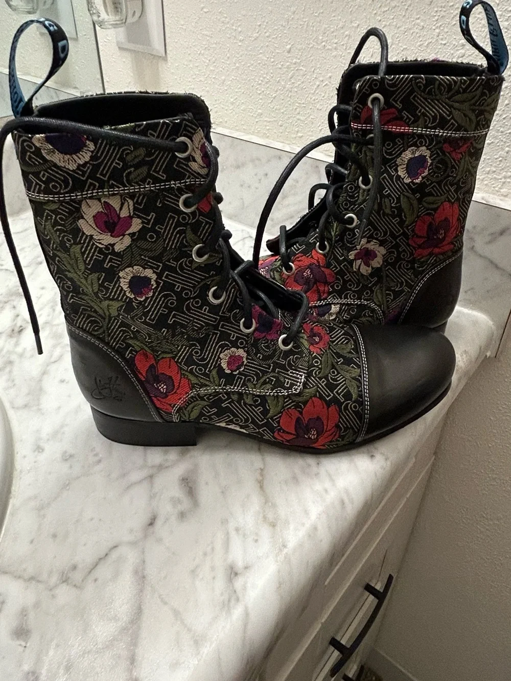 New John Fluevog Black Lace-Up Boots with Red and Purple Floral Embroidery - Picture 4 of 13